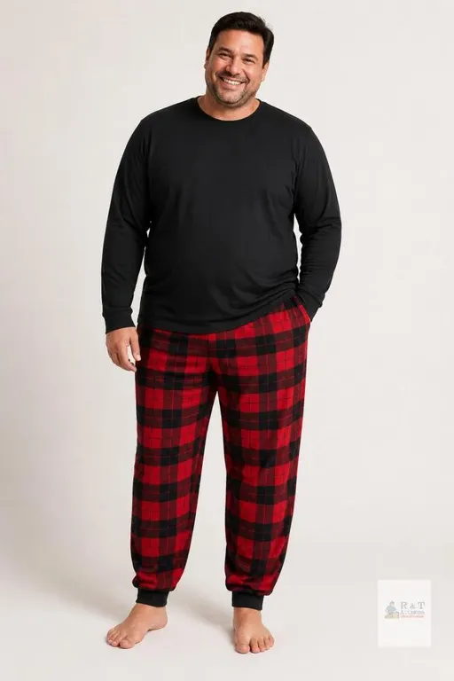 New Size 2XL 2-Piece Mens Christmas Pajama Set, –ALL Black Top & Red Plaid