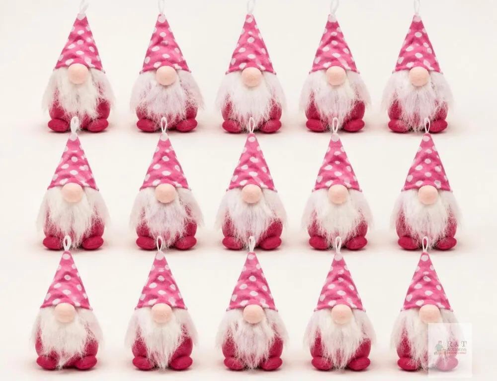 15-Piece Pink Polka-Dot Plush Hanging Gnome Decoration Lot