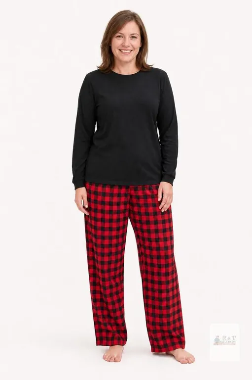 New Size Large Women’s 2-Piece Plaid Pajama Set, –All Black Top & Red plaid bottoms