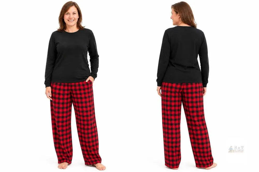 New Size XL Women’s 2-Piece Plaid Pajama Set, –All Black Top & Red plaid bottoms