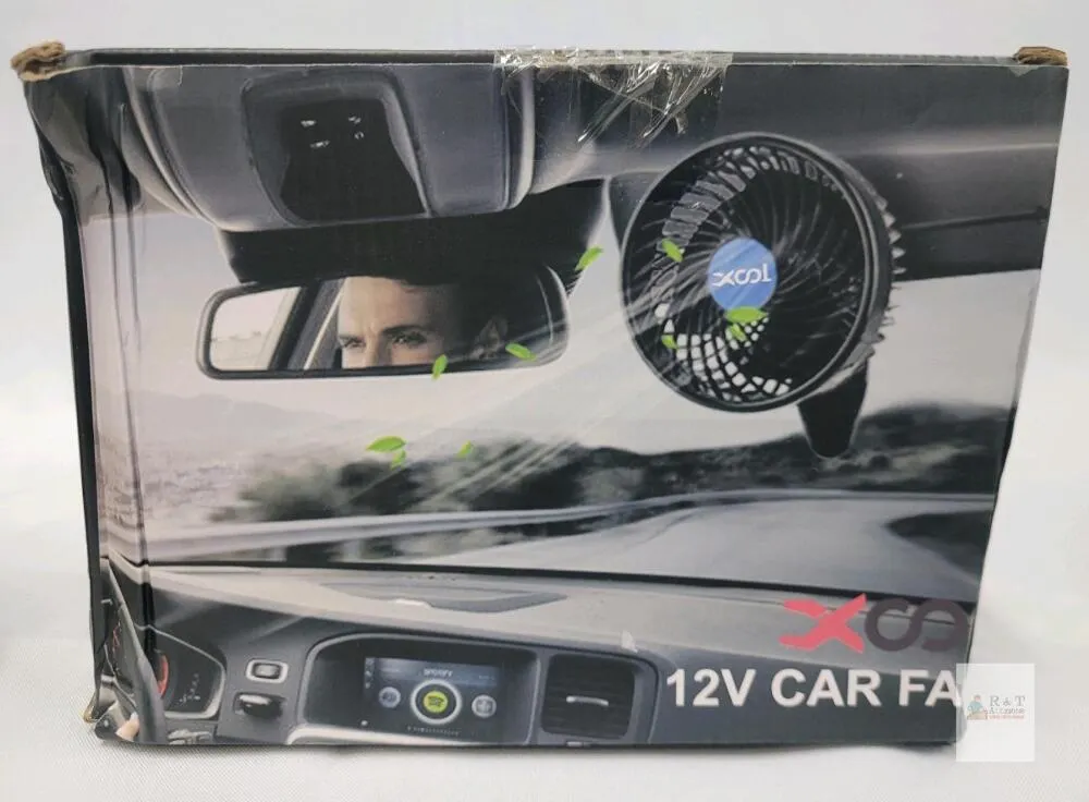 XCOOL 12V Car Fan, Clamp Mount, 2 Speeds, 6" Diameter, 360° Rotation, Vehicle Accessory