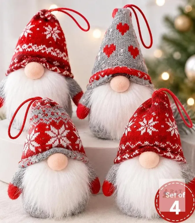 D-FantiX Christmas Gnome Ornaments Set of 4 – Plush Red Gray Nordic Decor, 5.5in, X002M1F8BR