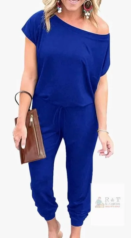PrettyGarden Off Shoulder Blue Jumpsuit, XL, Short Sleeve Drawstring Waist Romper