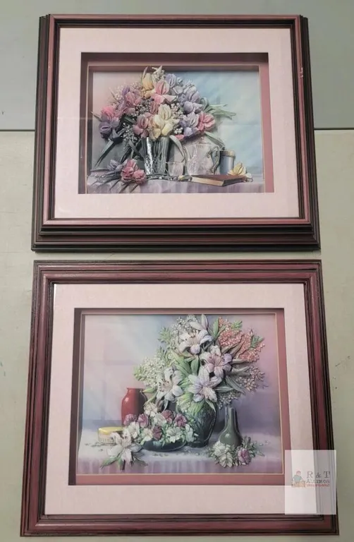 Pair 3D Floral Still Life Art Prints, Professionally Framed, 19"x15", Double Mat, Signature