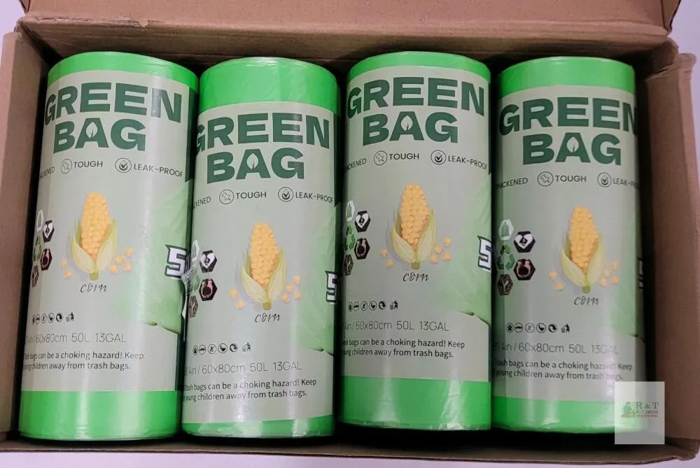 13 Gallon (50L) Green Biodegradable Corn-Based Garbage Bags, 104 Count, 60x80cm, Leak-Proof