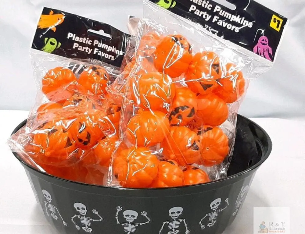 Halloween Plastic Pumpkin & Skull Party Favors, Gel Clings, Door Cover, and Skeleton Bowl Set