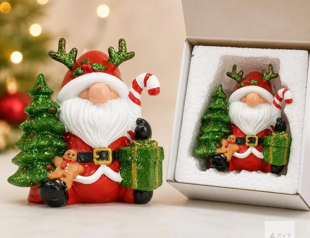 NEW Boxed Glitter Christmas Gnome Figurine with Tree & Gift, 3–4 in