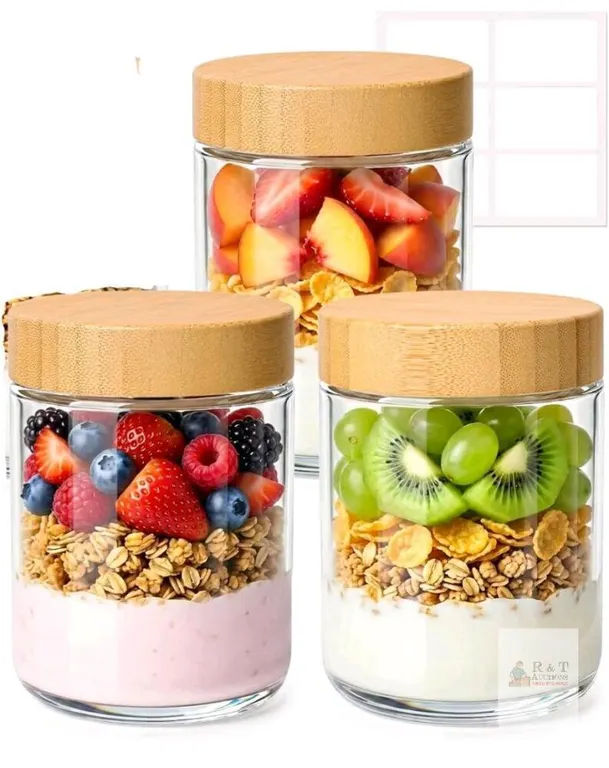 COMSAF Glass Jars with Bamboo Lids, 15oz (Set of 3), Airtight, Borosilicate, 3.4"x4.7", Boxed
