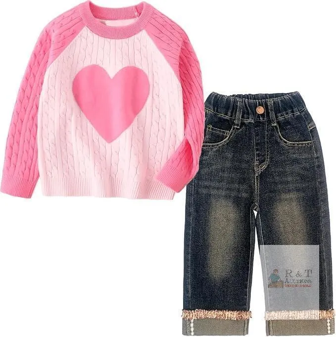 New Peacolate 3-4 yrs Spring Fall Little Girls 2pcs Clothing Set Heart Sweater and Straight
