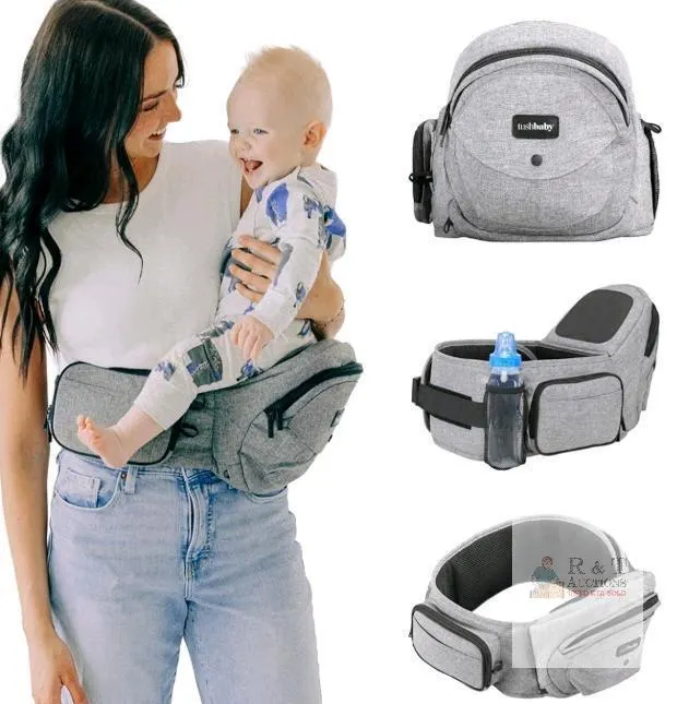 Tushbaby Strapless Baby Hipseat Carrier, Grey, Up to 45 lbs, 6 Positions, Boxed