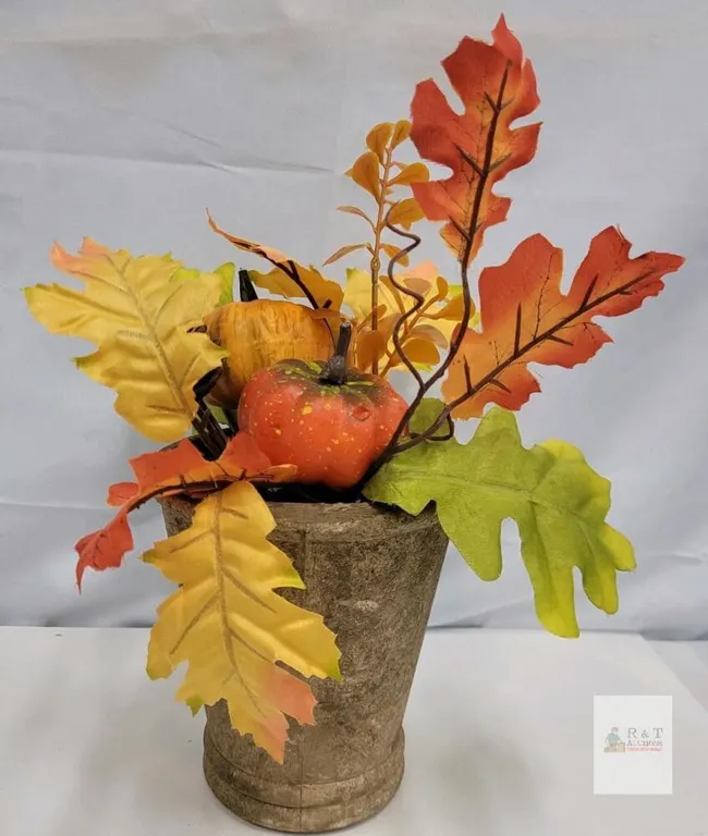 Artificial Fall Floral Arrangement, Rustic Pot, 13 in. Tall, Pumpkins, Leaves & Pine Cones