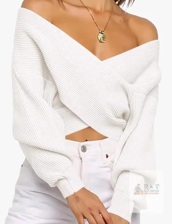 BTFBM Off-Shoulder Ribbed Knit Wrap Cropped Sweater, XL, White