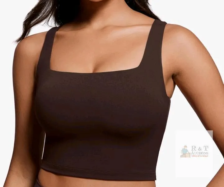 CRZ YOGA Butterluxe Square Neck Built-In Bra Tank, Size L, Dark Brown