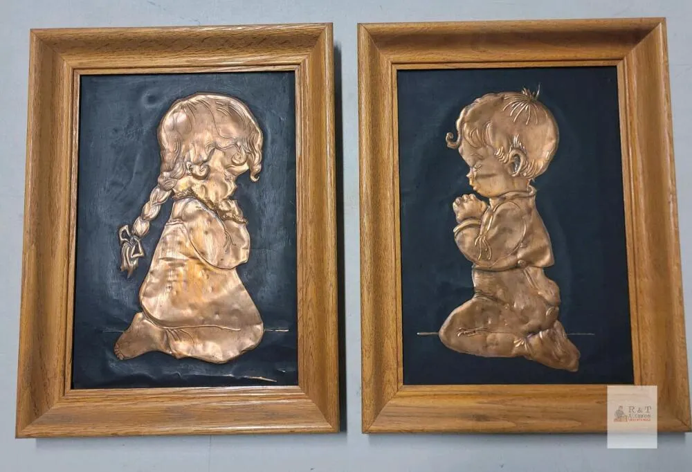 Vintage Repoussé Copper Praying Boy and Girl Wall Art Plaques, Wood Frames, 15.5"x12.5" Pair