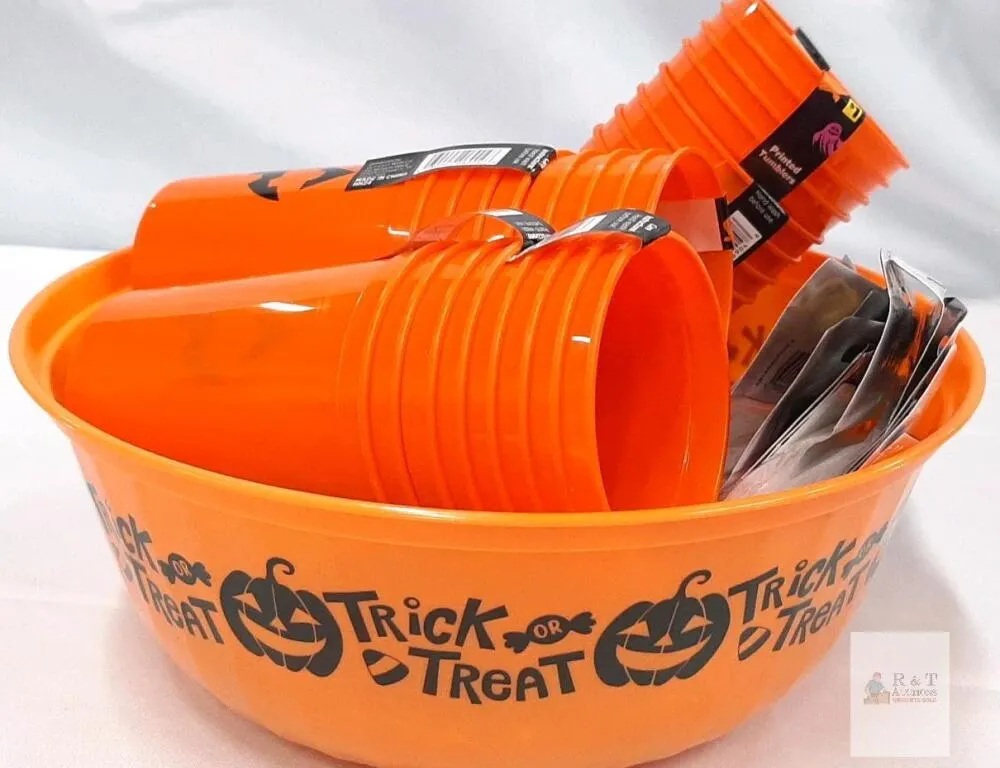 Halloween Party Set: Pumpkin Tumblers, Treat Bags , Large Trick or Treat Bowl
