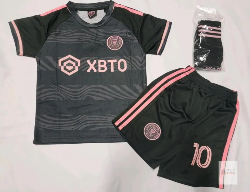 Lionel Messi Inter Miami 2023 Youth Jersey Kit #10 Shirt Shorts Socks, Black/Pink, XBTO Sponsor