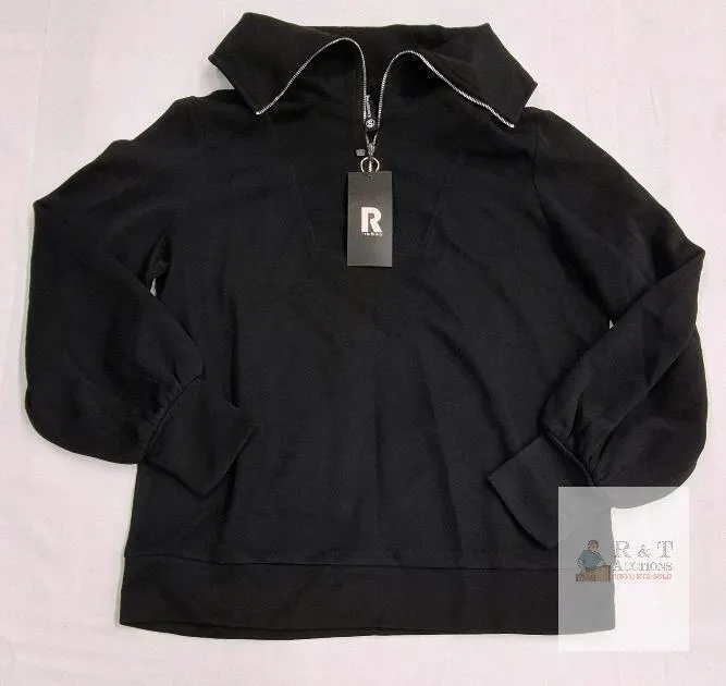 NEW PrinStory Women's Black Quarter-Zip Pullover Sweatshirt, Size Small, Balloon Sleeves,