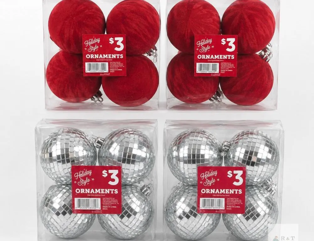 Lot of 4 Dollar General Christmas Ornament Packs – 2 Red & 2 Silver, 16 Ornaments Total