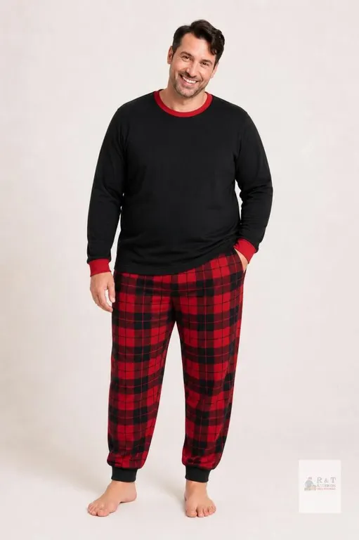 New Size 2XL 2-Piece Mens Christmas Pajama Set, – Black & Red Plaid