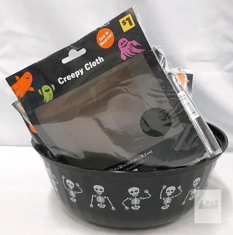 Halloween Creepy Cloth 2-Pack (60"x30" ea), Skeleton Candy Bowl Bundle, Black & White Décor approx 6-8 in bowl