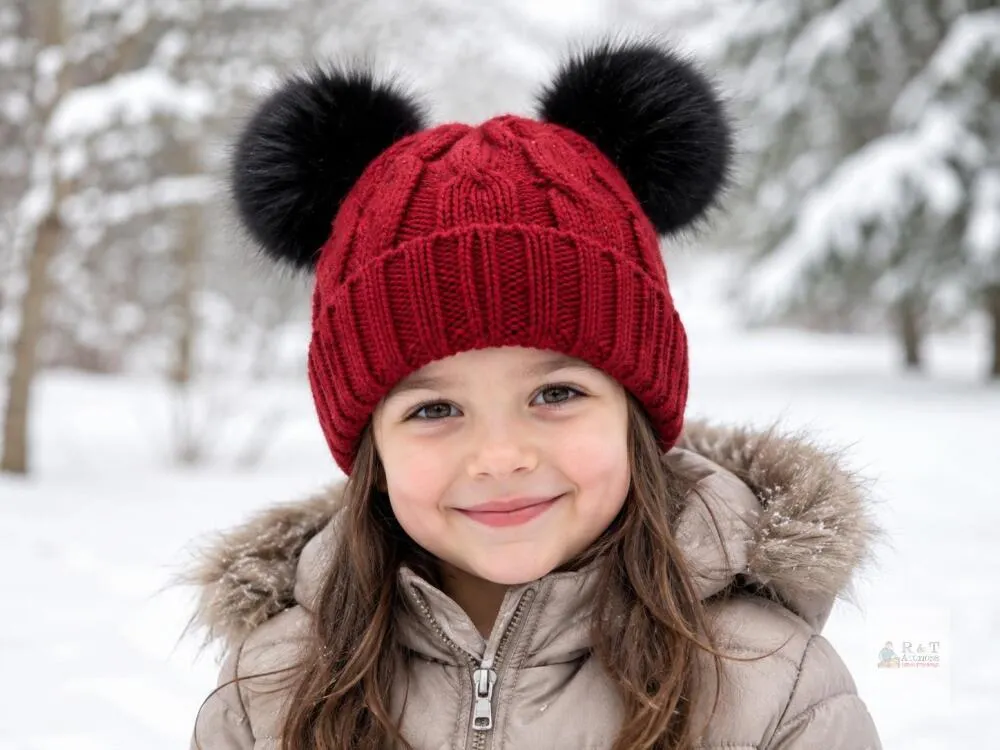 NEW Creekstone Kids Red Satin-Lined Winter Beanie Hat with Double Faux-Fur Pom Poms, Ages 1–7