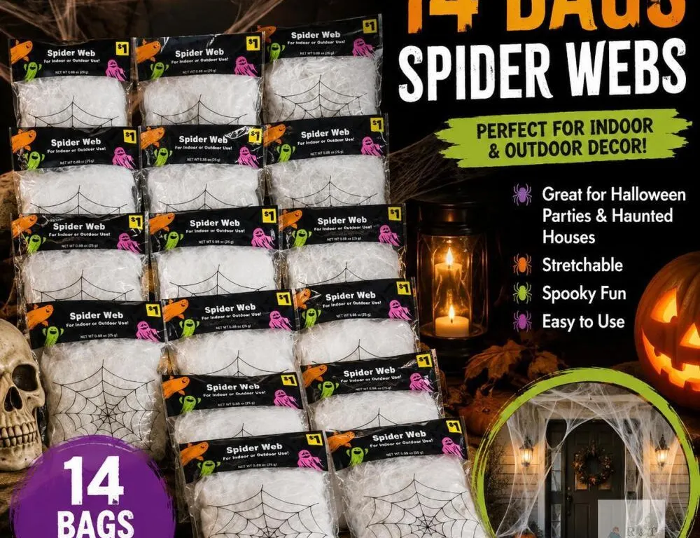 14-Pack Halloween Spider Web Decorations, 0.88 oz Each, Indoor/Outdoor, White, Sealed Packaging