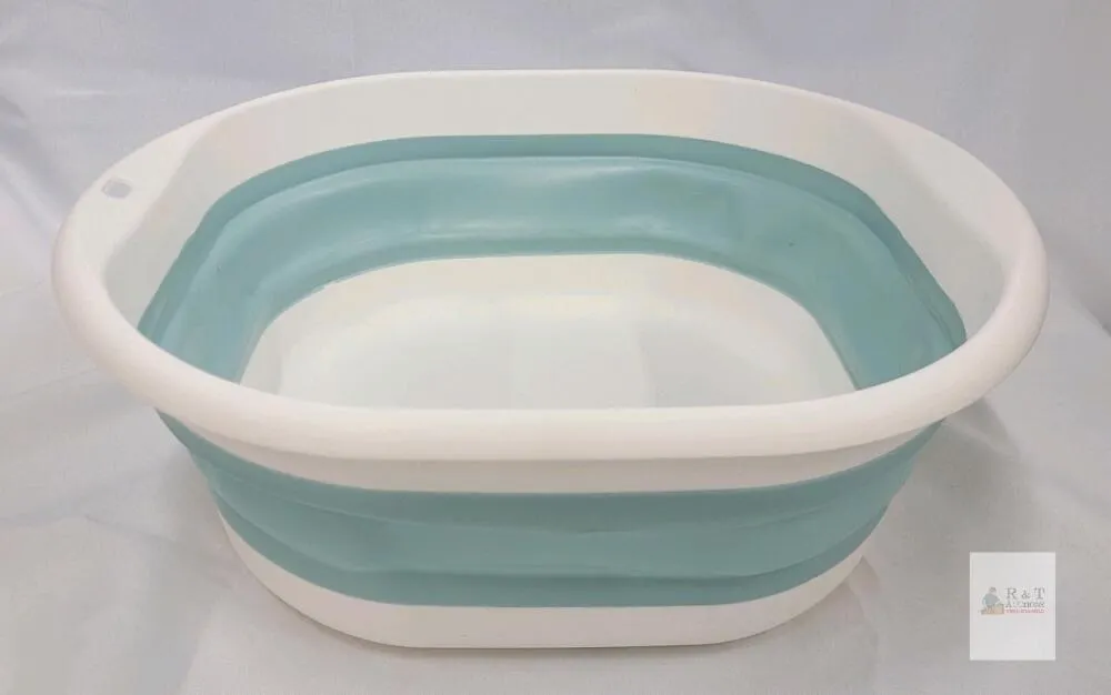 Collapsible Silicone and Plastic Multi-Purpose Storage Washing Basin, White and Light Blue