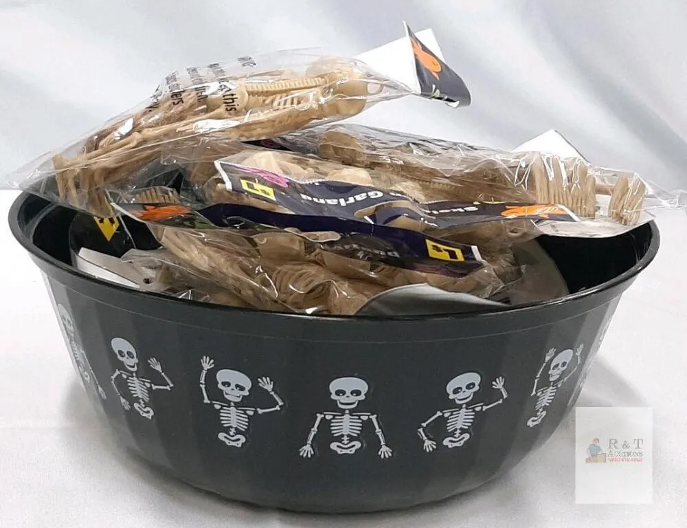 Halloween Skeleton Garland Decorations (approx 10 packs of 60 In Each) with Skeleton Print Plastic Bowl