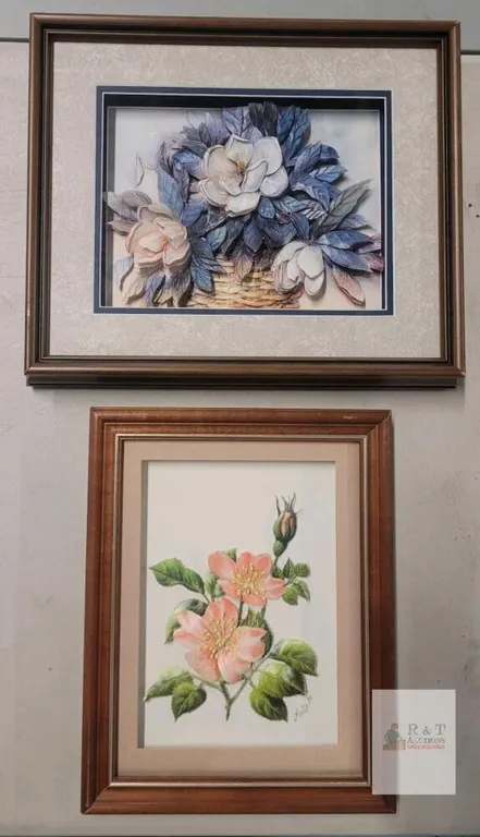 Handcrafted 3D Paper Tole Framed Floral Art 1995, Pink and Blue Flower Basket, Signed by Molly