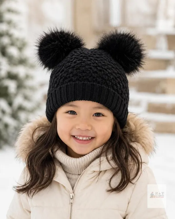 NEW Creekstone Kids Black Satin-Lined Winter Beanie Hat with Double Faux-Fur Pom Poms, Ages 1–7