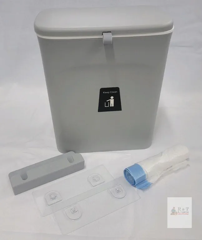 Wall-Mounted Plastic Trash Can 3 Gal, Flip Top Lid, Adhesive Mount, Gray, Bag Holder Included