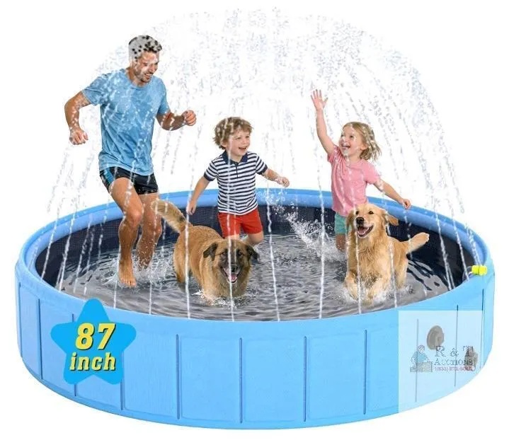 87" Foldable Pet Pool with Sprinkler, Blue, PVC with Reinforced PP Panels