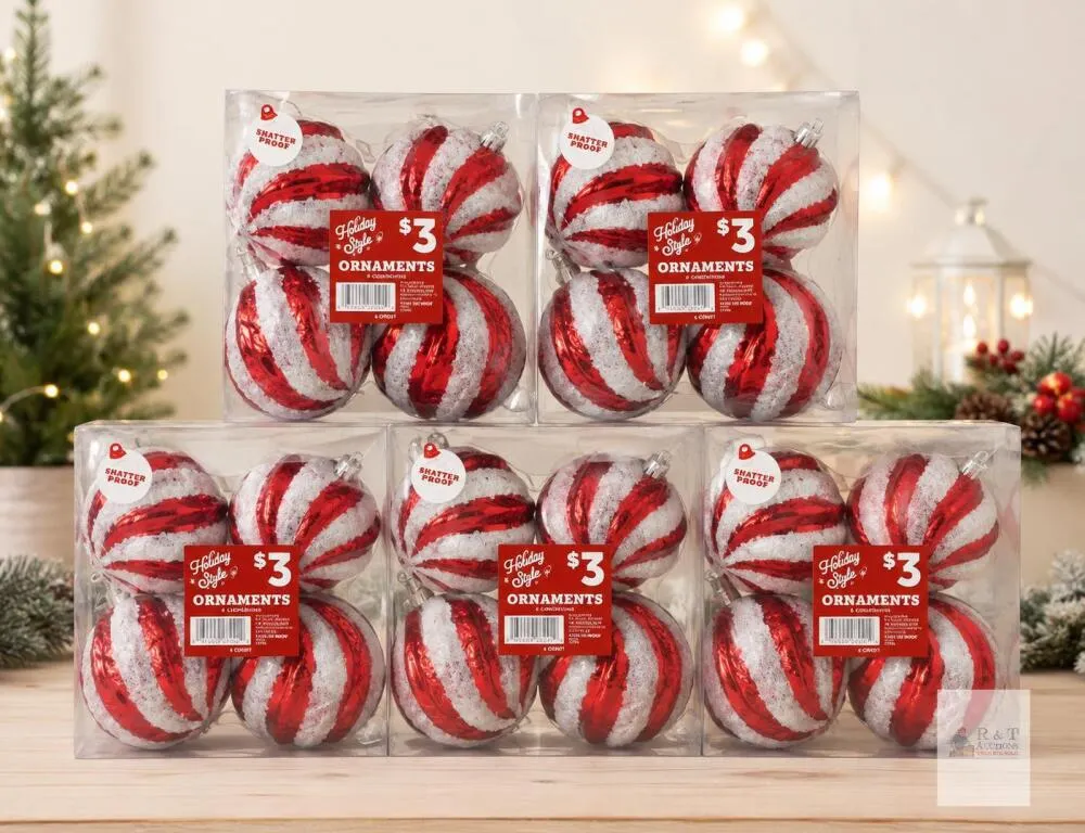 5 Packs Holiday Style Red & White Shatterproof Christmas Ornaments – 4 Count Each