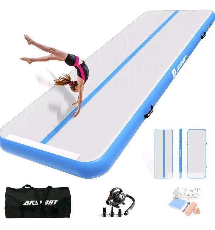 AKSPORT 10ft Inflatable Air Track Mat – Blue/Gray, 1000D Drop Stitch PVC, Includes Pump & Accessories
