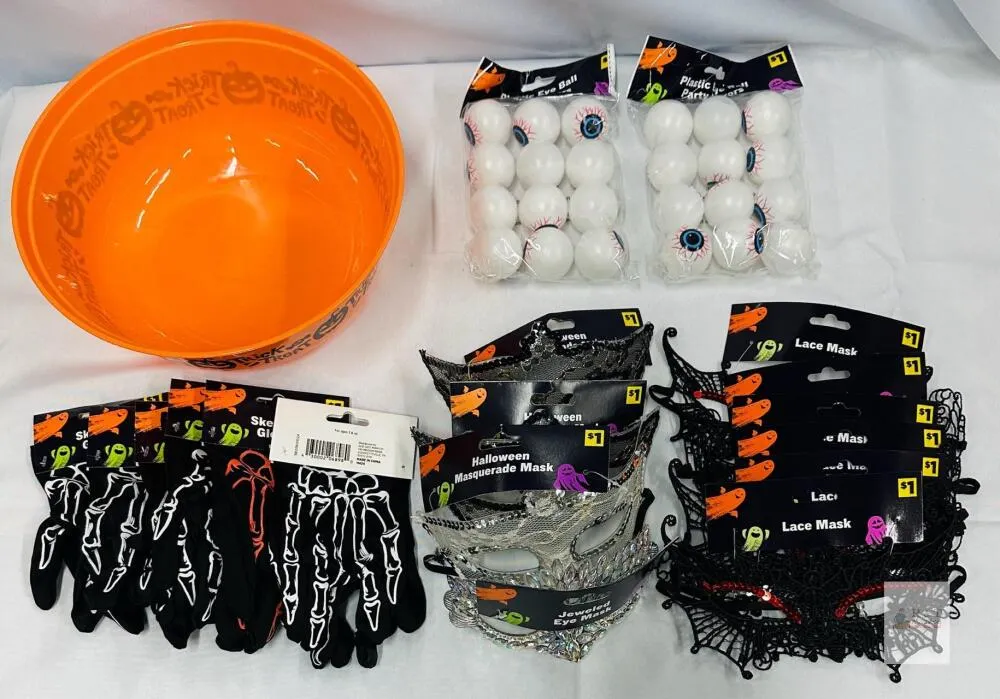 Halloween Party Favors Assortment – Candy Bowl, Skeleton Gloves, Masks, Eyeballs