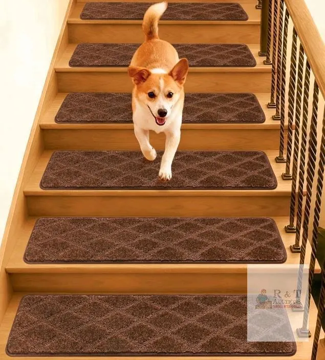 7-Piece Brown Bullnose Stair Tread Carpet Mats, Self-Adhesive, Non-Slip