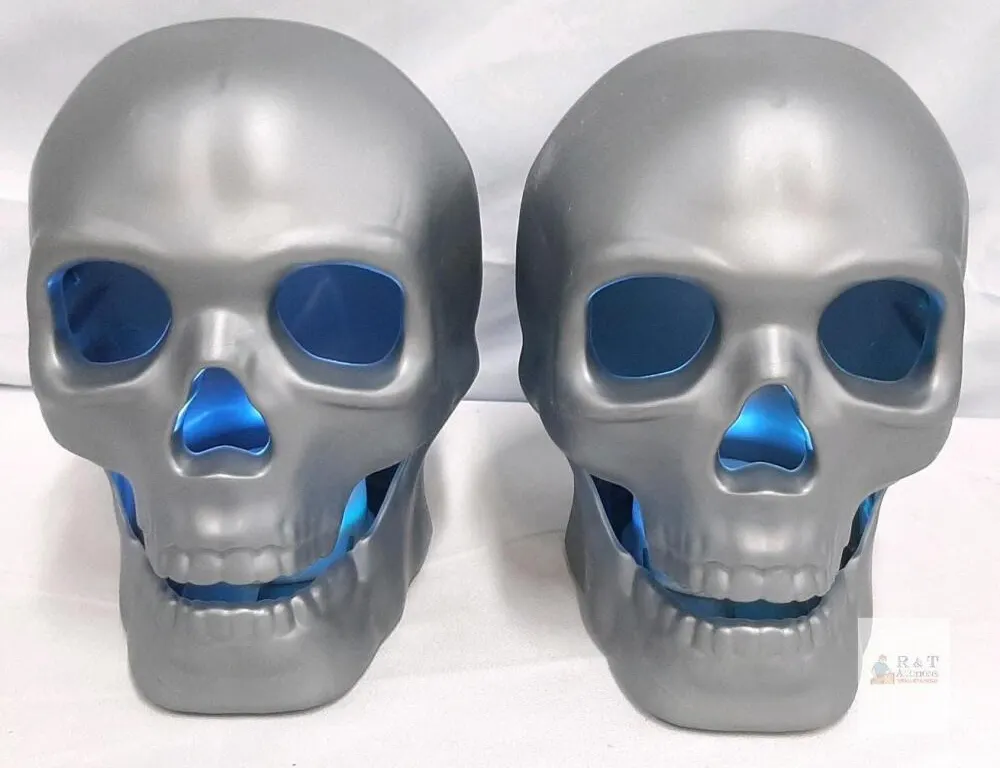 Pair of Silver Skull LED Lights with Blue Glow, Plastic, 8" Tall, Battery-Powered, Halloween Decor