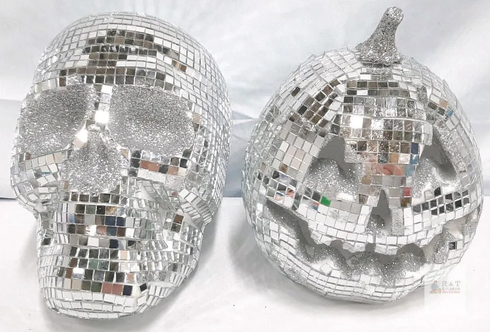 Mirrored Mosaic Skull and Jack-o’-Lantern Halloween Ornaments – Set of 2, 6-Inch Each