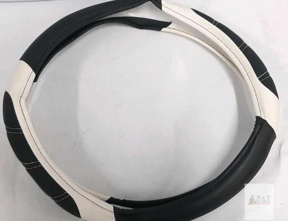 Black and White Synthetic Leather Steering Wheel Cover, Universal Fit