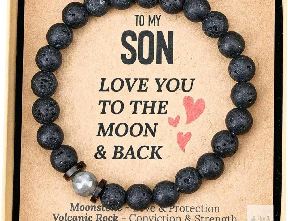 New To My Son Bracelet from Mom & Dad – Natural Lava Rock & Moonstone Bracelet – Gifts for Son, Teen Boys, Back-to-School, Graduation, Birthda