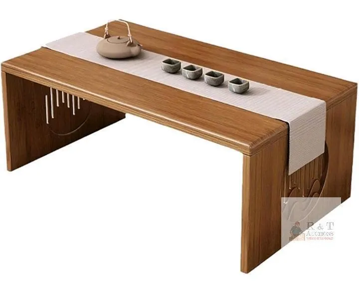 Foldable Wooden Tea Table with Carved Panels, 31.5" x 14.5" x 11.8", Includes Table Runner