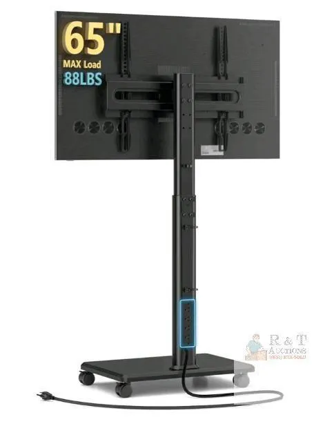 AX WABER AX1004TBM Rolling TV Stand, 27-65" TVs, 88 lbs Capacity, 80° Swivel, Height Adjustable