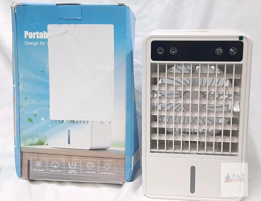 Portable Air Cooler, 1500ml Tank, 5 Speeds, 2 Modes, Timer, Color Lights, White Tabletop Unit