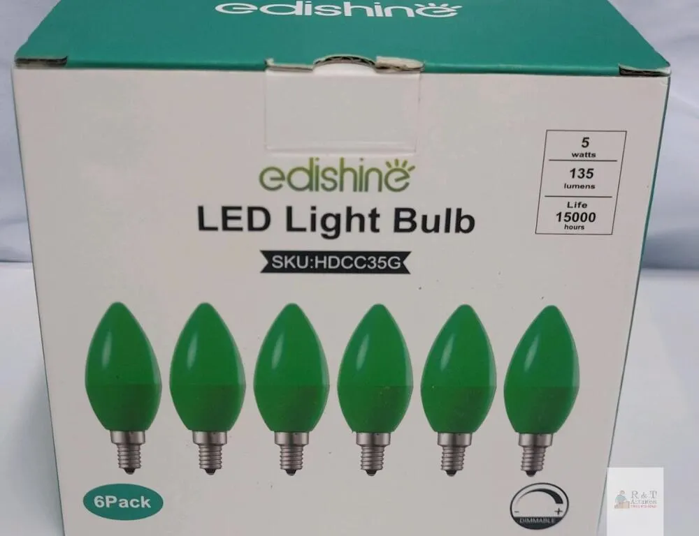 EDISHINE C35 Green LED Light Bulb 6-Pack, 5W, E12 Base, Dimmable, 135 Lumens, 15,000 Hour Life
