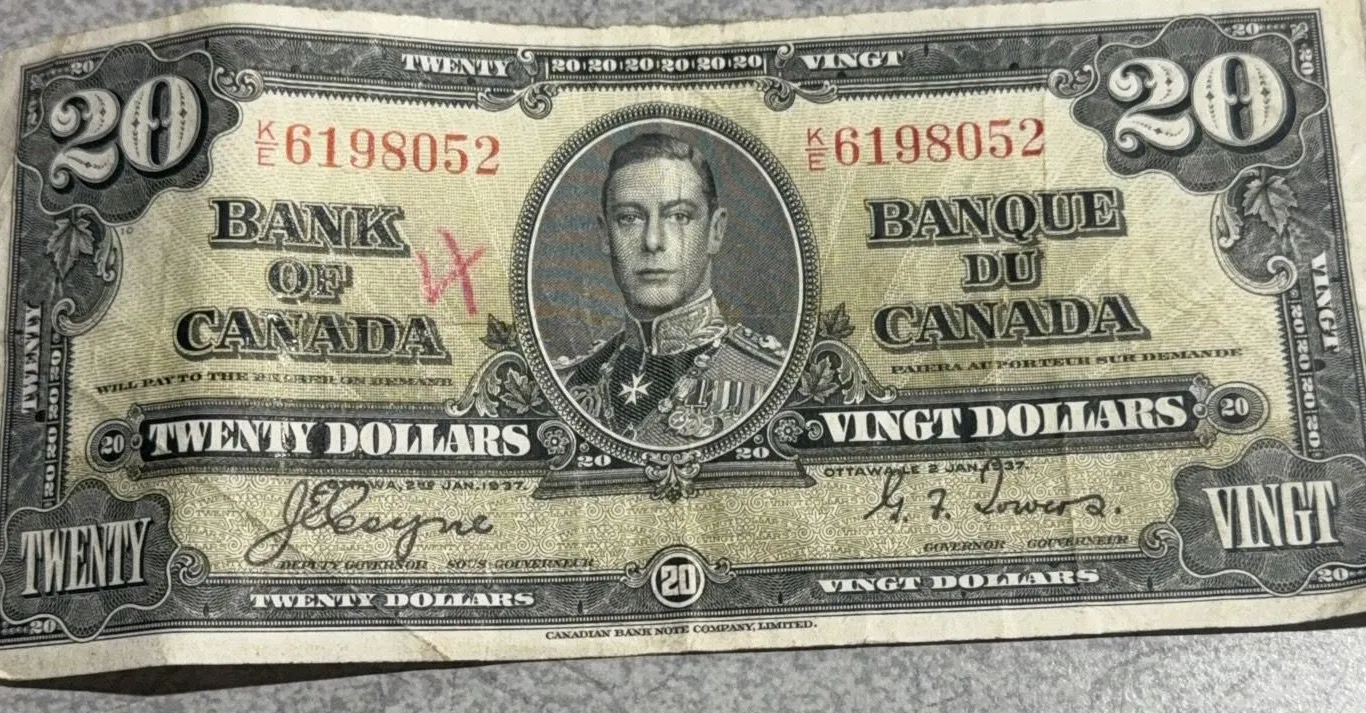 1937 Bank of Canada $20 Bill, King George VI, Serial KE6198052
