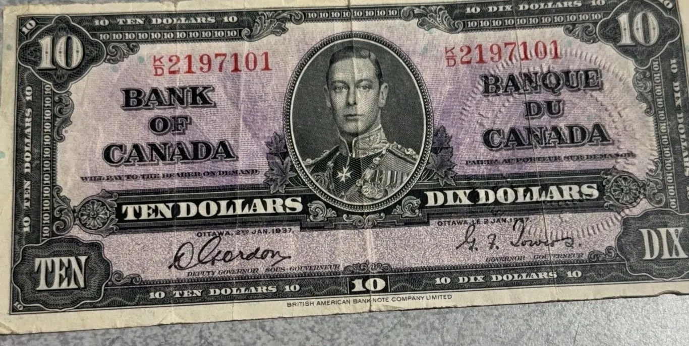 1937 Bank of Canada $10 Bill King George VI K/D Serial 2197101