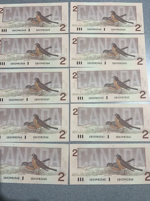 10 Consecutive 1986 Canadian $2 Bills with CBH2982361-369 Serial Numbers