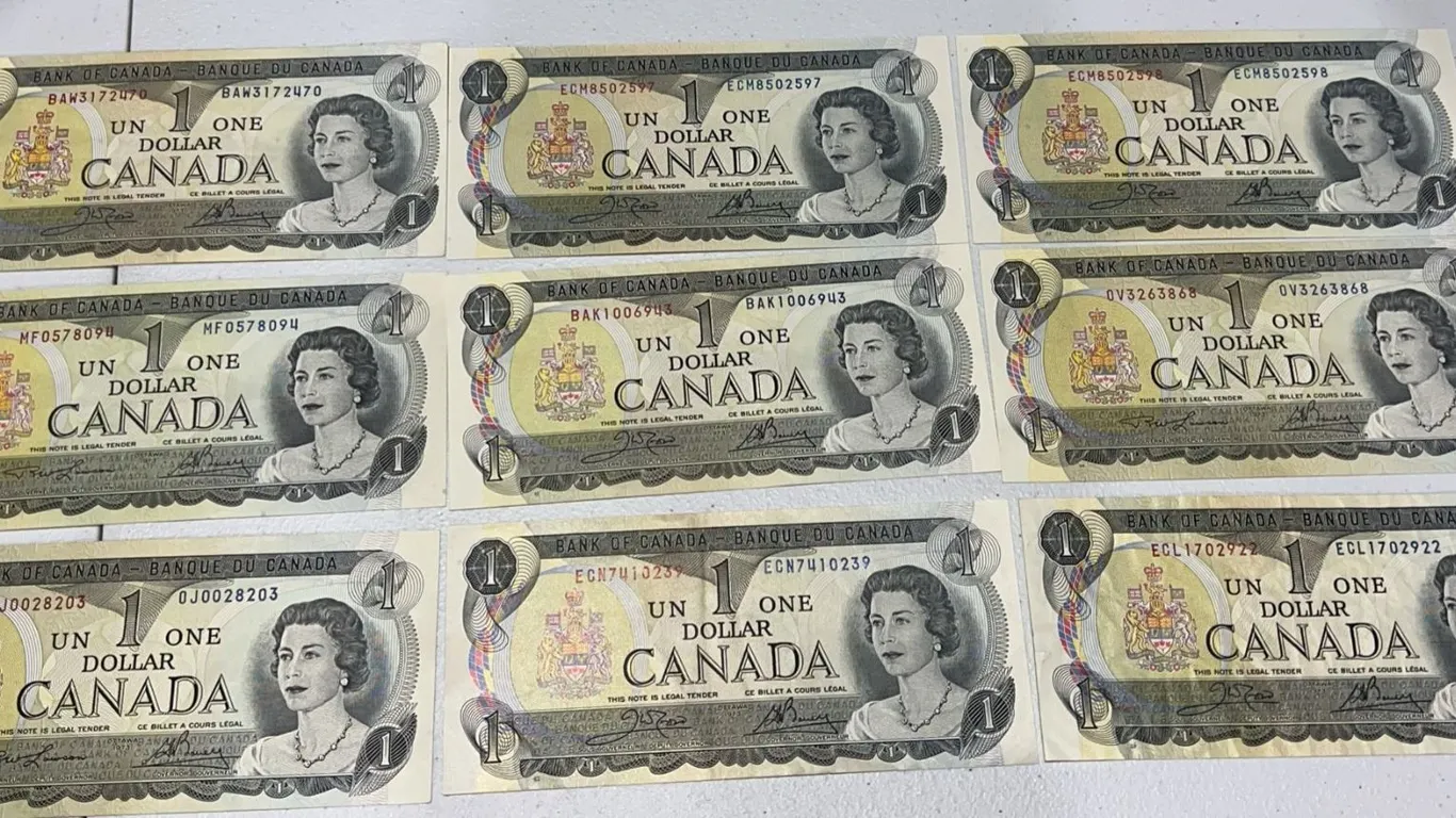 9 Bank of Canada 1973 One Dollar Notes, Multiserial