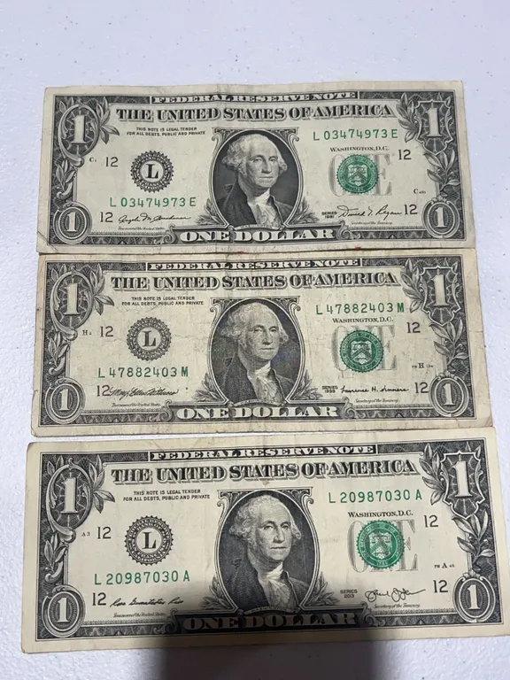 Three US $1 Federal Reserve Notes, Various Series