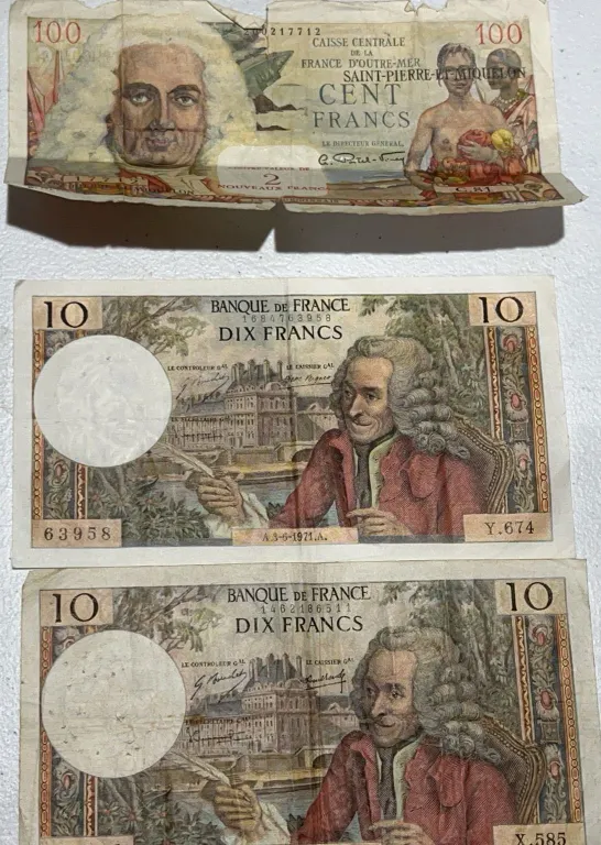 French Banknotes Lot: One 100 Franc and Two 10 Franc Notes